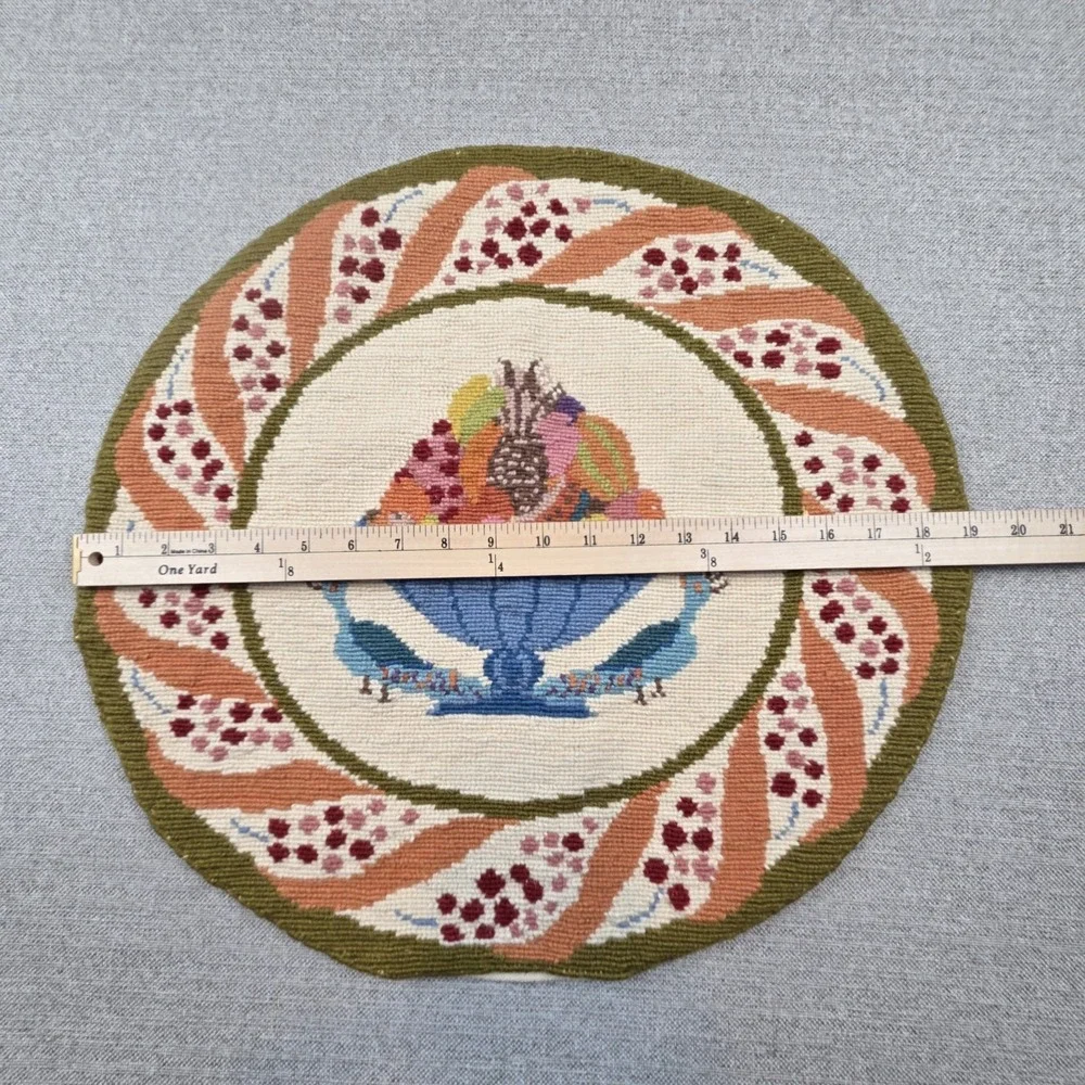 Vintage Handmade Greek Embroidered Peacock / Fruit Round Pillow Cover 19